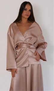 beige pink rose silk kimono blouse