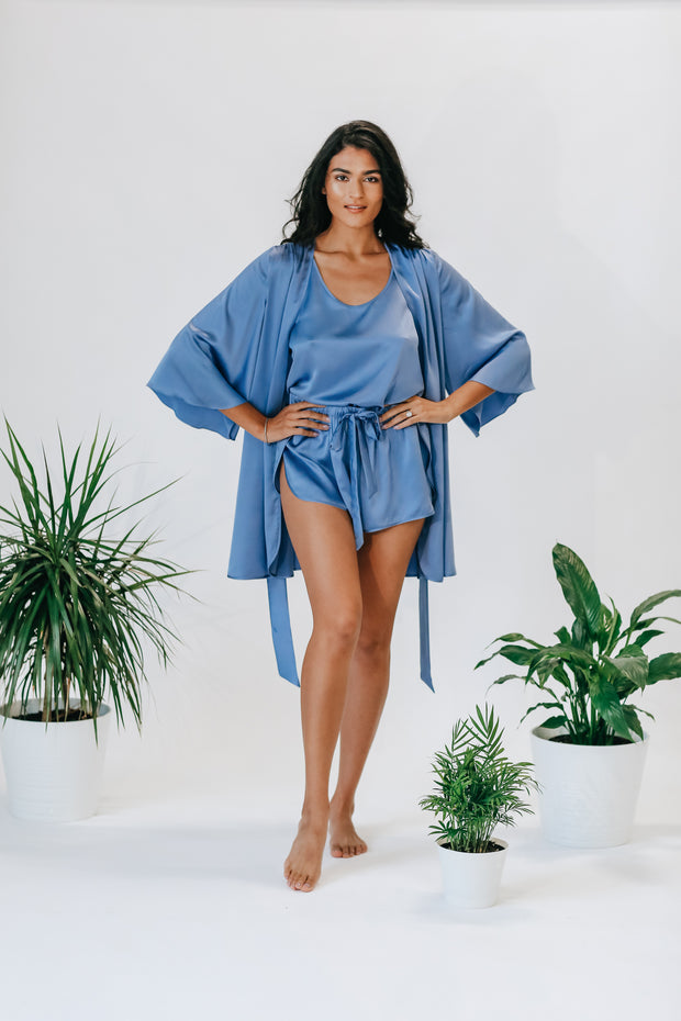 Blue Silk Robe and Pajamas set