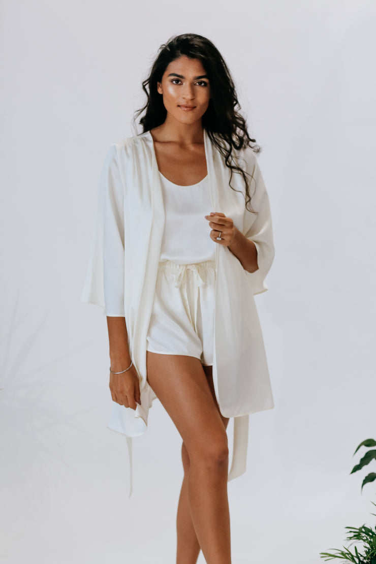 White Silk Robe and Pajamas Set