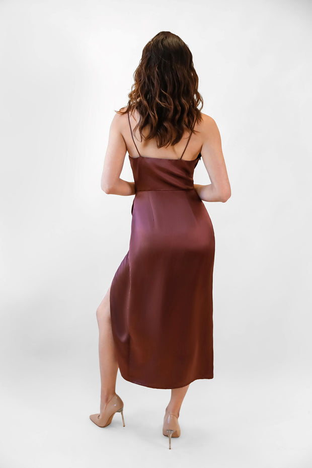 Burgundy silk wrap party dress made in USA