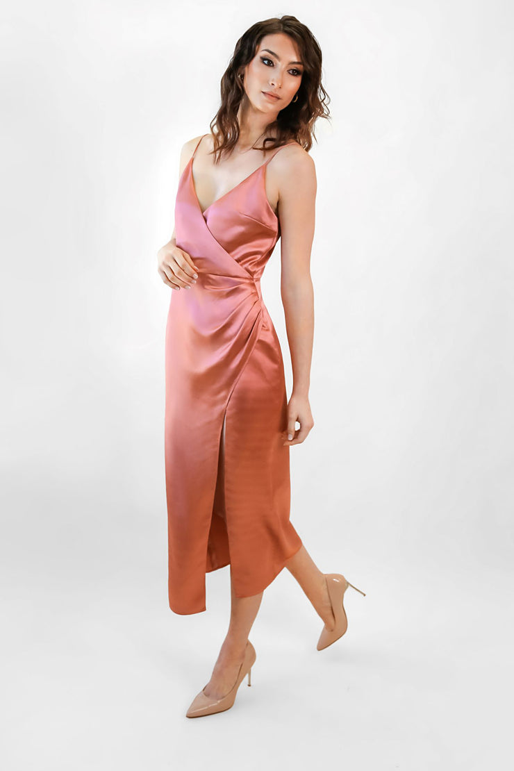 Coral silk wrap party dress made in USA